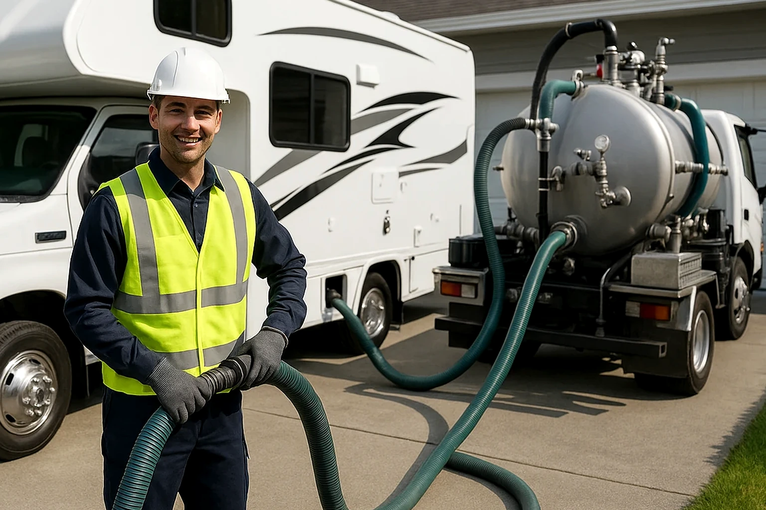 Professional technician in safety gear providing black and grey tank service beside a parked RV in the Lower Mainland.