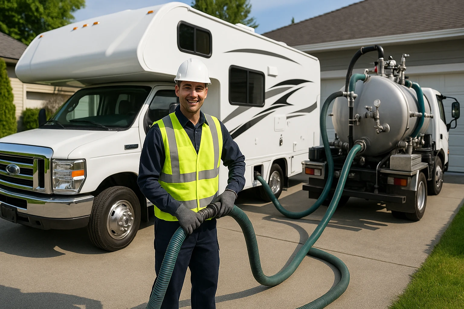 Friendly professional RV pump-out technician smiling beside a motorhome in a Lower Mainland driveway, wearing a white hard hat and high-visibility vest.