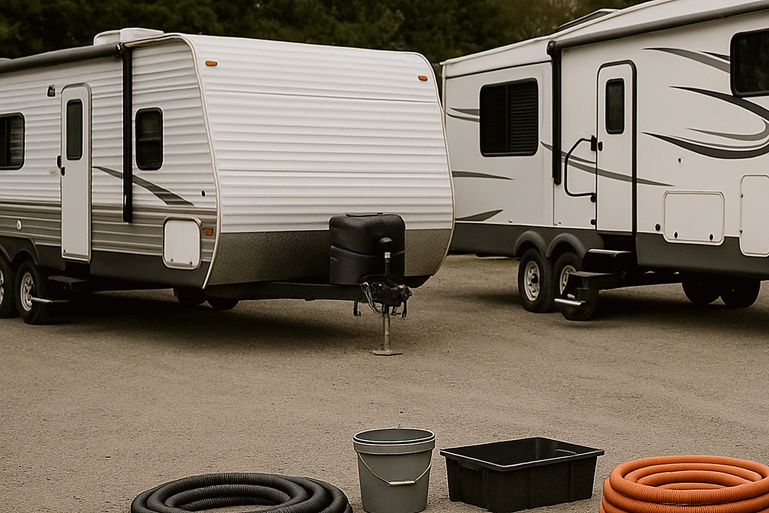 RV holding-tank service setup with staging tubs and hoses ready for urgent pump-out in the Lower Mainland.