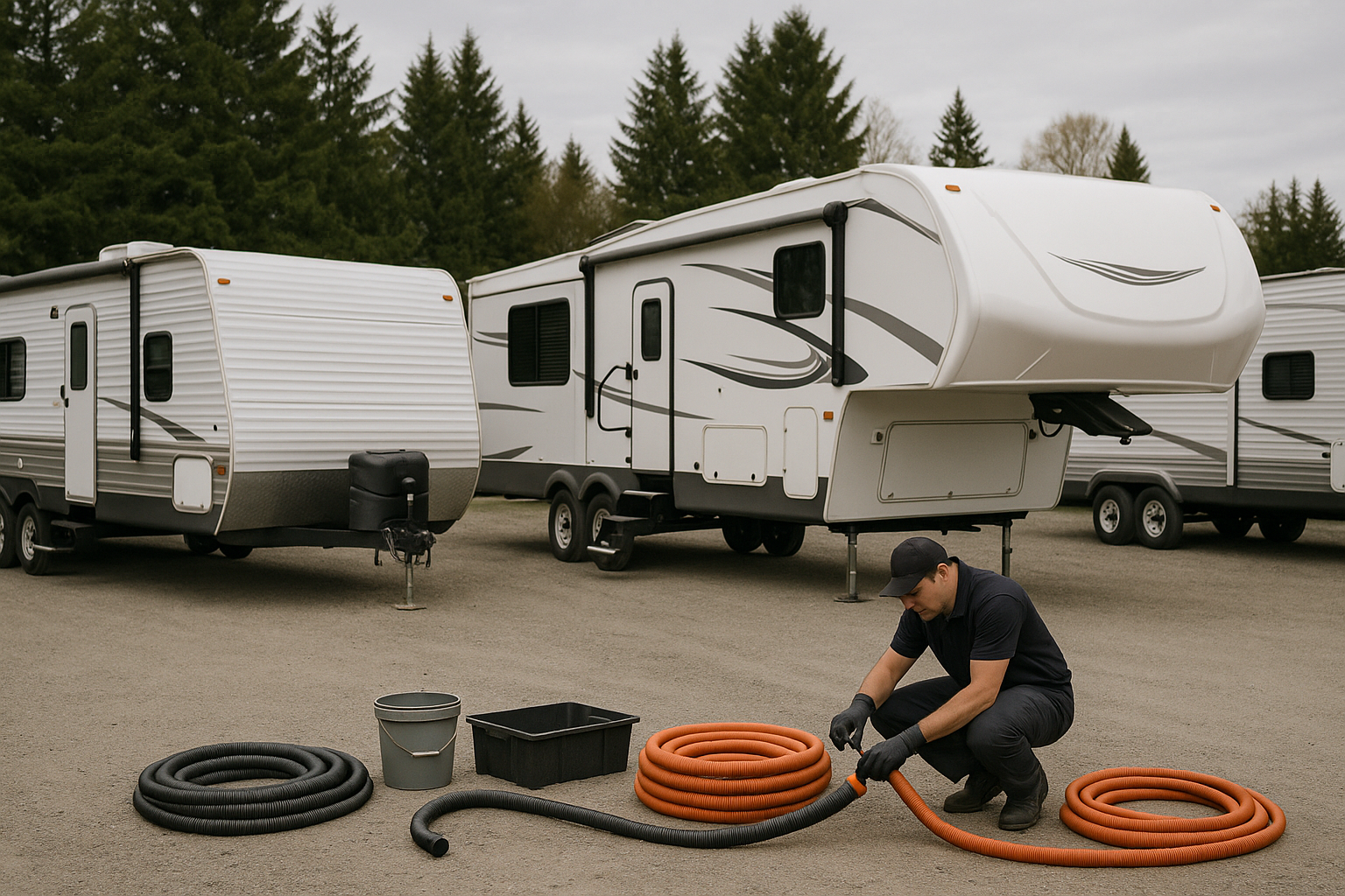 Mobile RV pump-out equipment staged beside multiple trailers in a Lower Mainland storage yard.